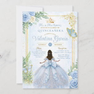 Baby Blue Quinceañera with Bow Gold Invitation