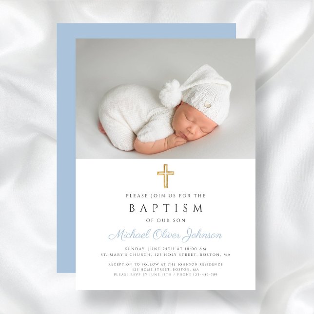 Baby Blue Religious Cross Boy Photo Baptism Invitation (Baby Blue Religious Cross Boy Photo Baptism Invitation)