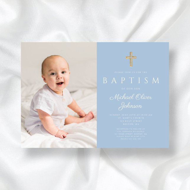 Baby Blue Religious Cross Boy Photo Baptism Invitation (Baby Blue Religious Cross Boy Photo Baptism Invitation)