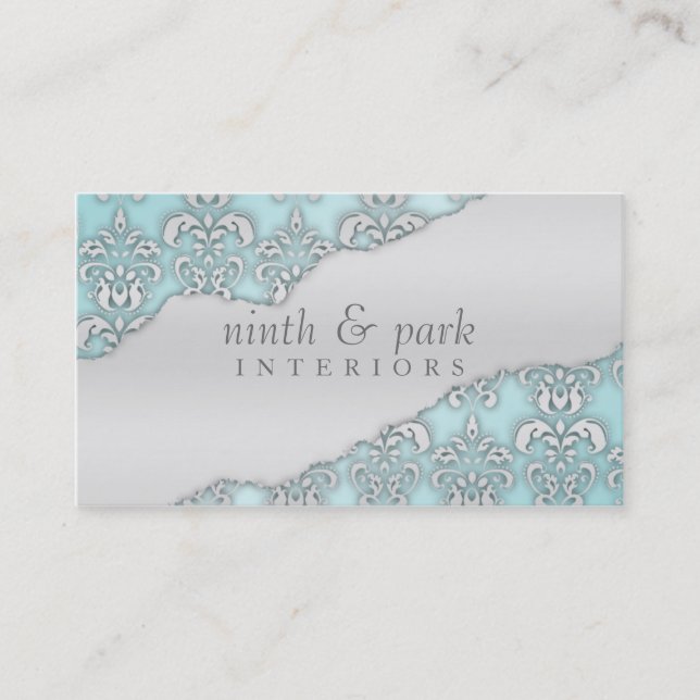 Baby Blue Ripped Damask Interior Design Business Card (Front)