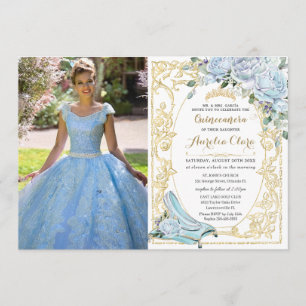 Baby Blue Roses Cinderella Quinceañera Photo Invitation