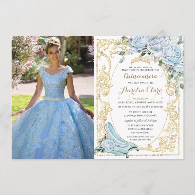 Baby Blue Roses Cinderella Quinceañera Photo Invitation (Front)