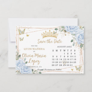 Baby Blue Roses Floral Gold Quinceañera Calendar Save The Date