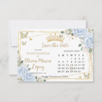 Baby Blue Roses Floral Gold Quinceañera Calendar