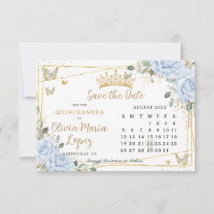 Baby Blue Roses Floral Gold Quinceañera Calendar Save The Date