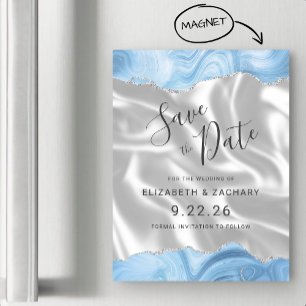 Baby Blue Silver Agate White Silk Save the Date Magnetic Invitation