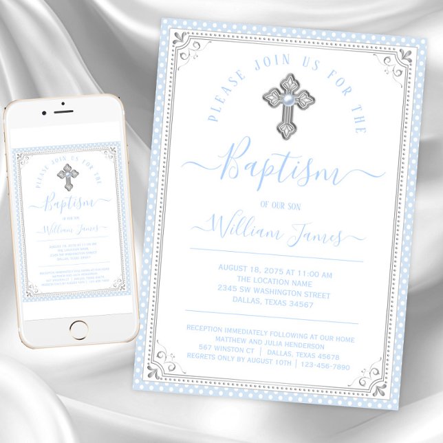 Baby Blue Silver Boy Baptism Invitation (Baby blue silver baptism invitations. Instant download and printed invitations available.)