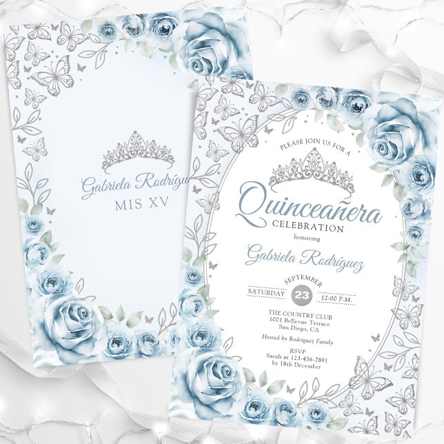 Baby Blue Silver Floral Quinceanera Invitation (Creator Uploaded)