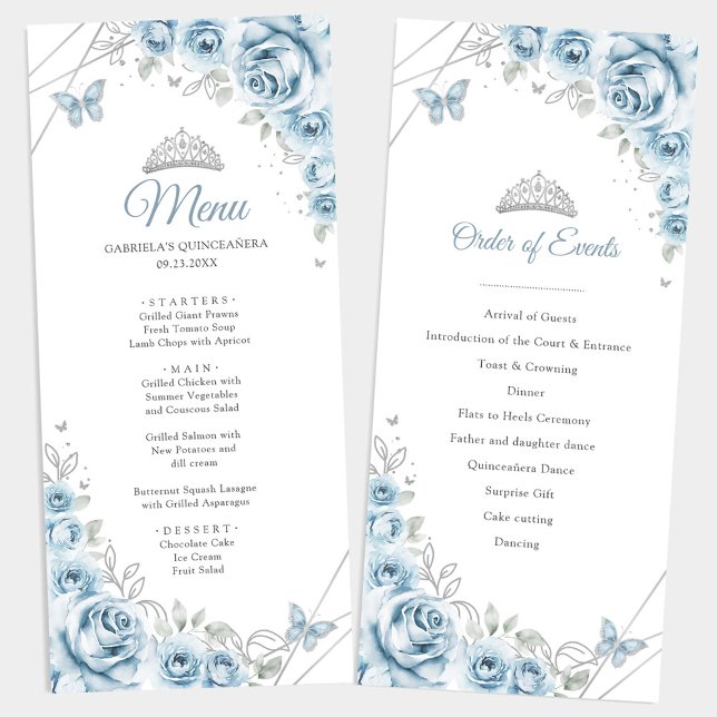 Baby Blue Silver Floral Quinceanera Program Menu (Creator Uploaded)