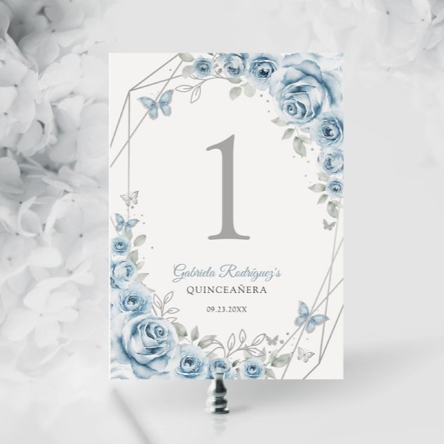 Baby Blue Silver Floral Quinceanera Table Number (Creator Uploaded)
