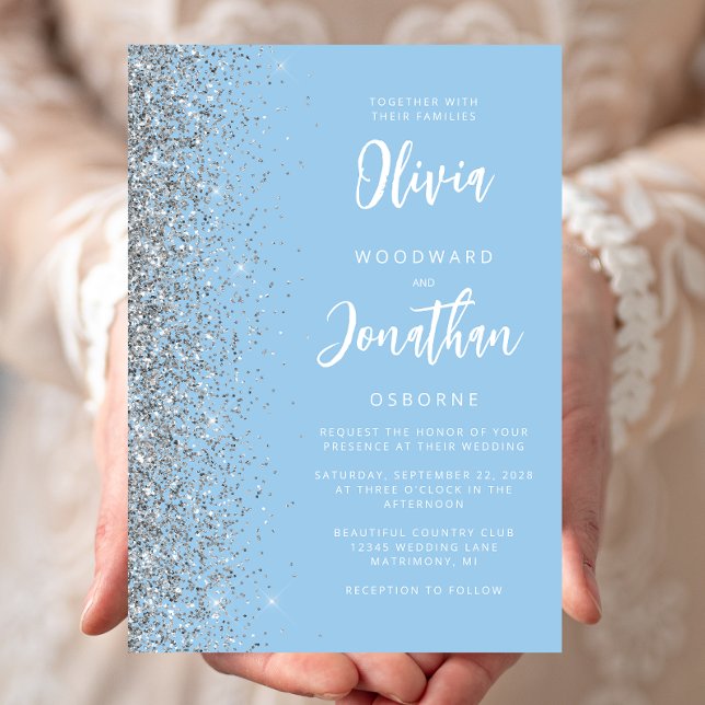Baby Blue Silver Glitter Calligraphy Wedding Invitation (Creator Uploaded)