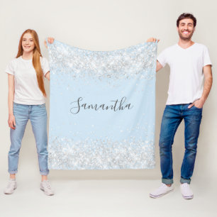 Baby blue silver glitter name script fleece blanket