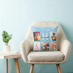 Baby blue silver glitter photo collage name cushion<br><div class="desc">A unique gift for a birthday, Christmas, mother's day, celebrating her life with a collage of 5 of your own photos, pictures. Personalise and add her name and monogram letter. A trendy baby blue background. Decorated with faux silver glitter dust. Grey and white letters. The name is written with a...</div>