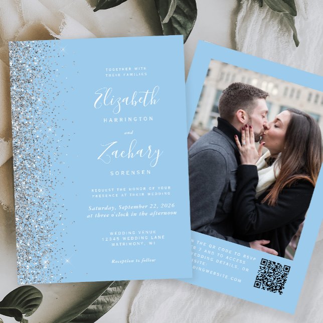 Baby Blue Silver Glitter Photo QR Code Wedding Invitation (Creator Uploaded)