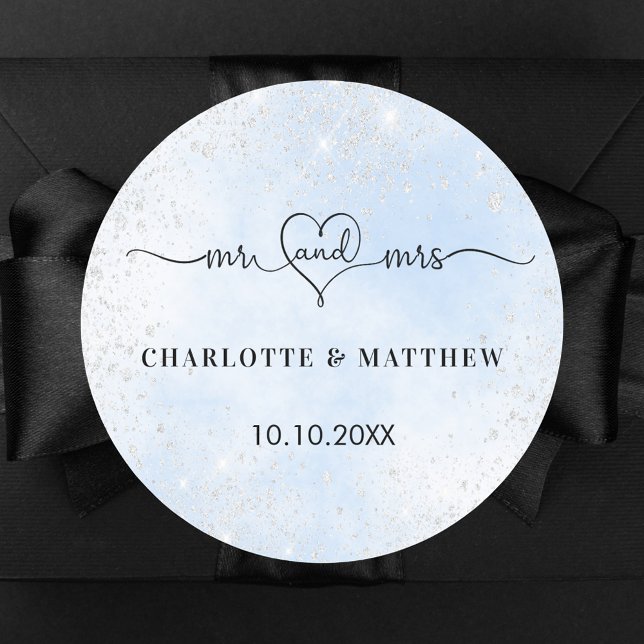 Baby blue silver mr mrs heart thank you wedding classic round sticker (Creator Uploaded)