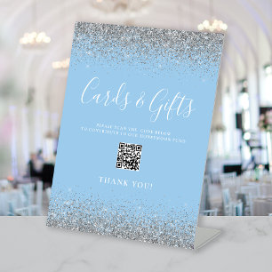 Baby Blue Silver Wedding Cards Gifts QR Code Pedestal Sign