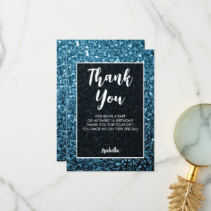 Baby blue sparkles Sweet 16 elegant script Thank You Card
