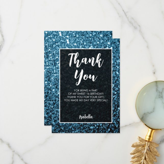 Baby blue sparkles Sweet 16 elegant script Thank You Card (Front/Back In Situ)