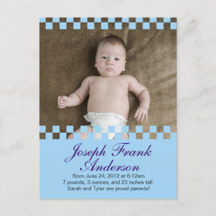 Baby Blue Squares Birth Announcement Postcard Cute