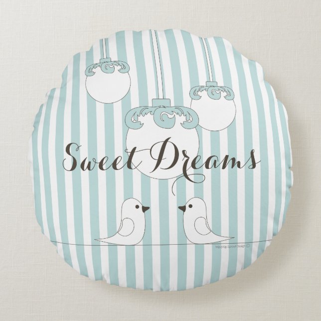 Baby Blue Stripe Cute Bird Children's Nursery Room Round Cushion (Front)