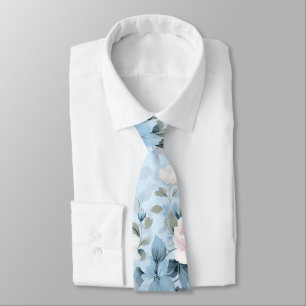 Baby Blue Stunning Vintage Watercolor Floral Print Tie