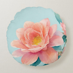 Baby Blue, Teal and Pink Floral Watercolor Round Cushion