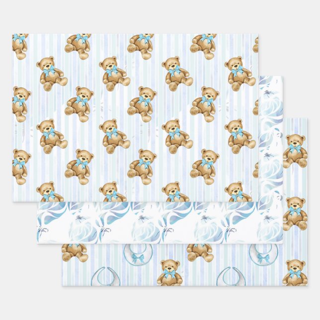 Baby Blue Teddy Bears #1 Wrapping Paper Sheet (Set)