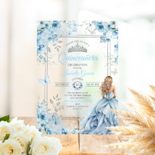 Baby Blue Tiara Floral Butterflies Quinceañera Acrylic Invitations