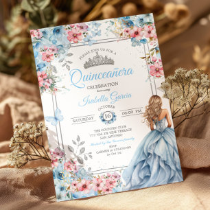 Baby Blue Tiara Floral Butterflies Quinceañera Invitation