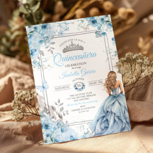 Baby Blue Tiara Floral Butterflies Quinceañera Invitation