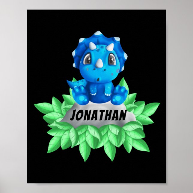 Baby Blue Triceratops Dinosaur Black Poster (Front)