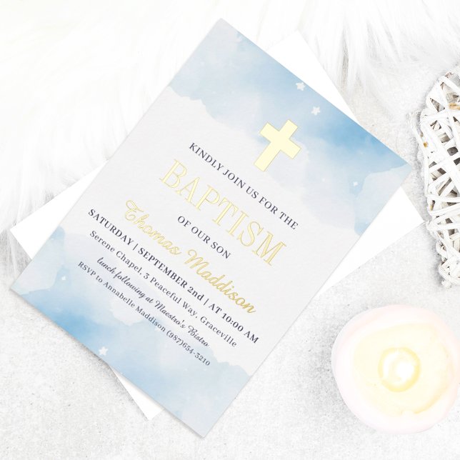 Baby Blue Watercolor Clouds Gold Cross Baptism (Creator Uploaded)