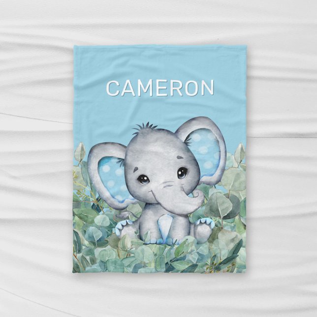 Baby Blue Watercolor Elephant Personalised Name Fleece Blanket (Creator Uploaded)