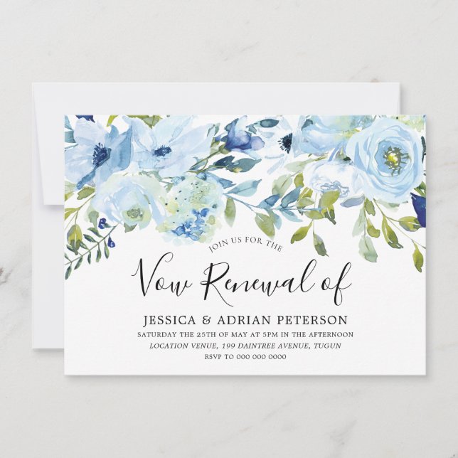 Baby Blue Watercolor Floral Wedding Vow Renewal Invitation (Front)