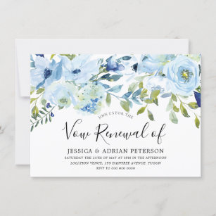 Baby Blue Watercolor Floral Wedding Vow Renewal Invitation