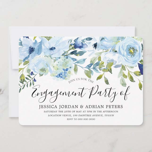 Baby Blue Watercolor Flowers Engagement Party Invitation (Front)