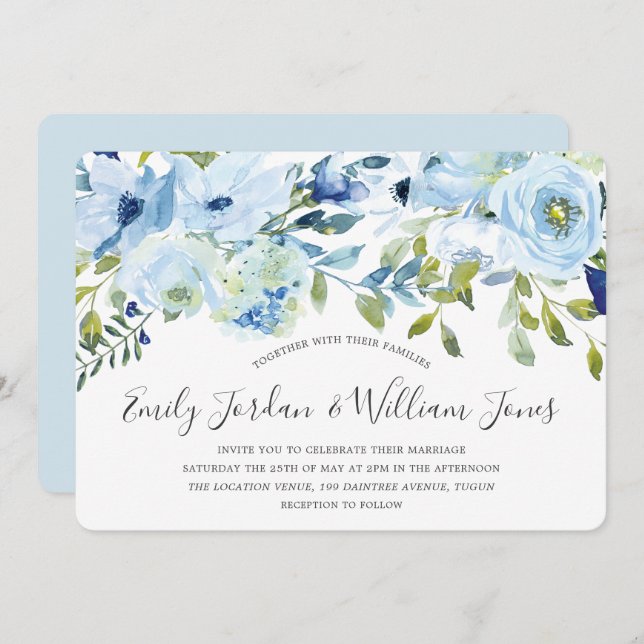 Baby Blue Watercolor Flowers Winter Wedding Invitation (Front/Back)
