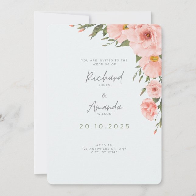 Baby  Blue Wedding Invitation with Floral Elements (Front)
