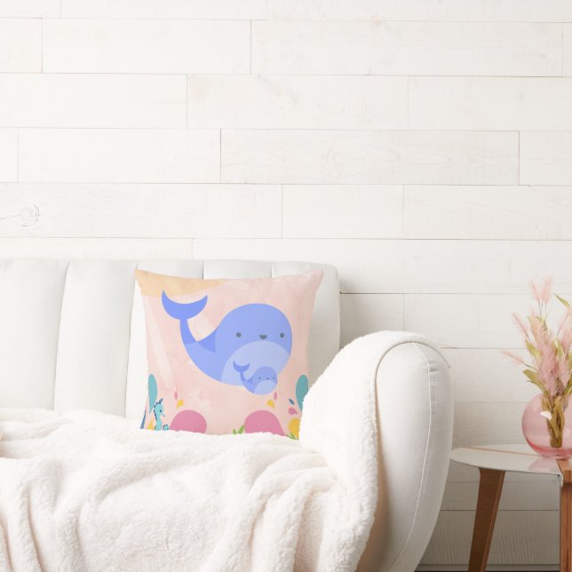 Baby blue whale in pink ocean scene cushion (Couch)