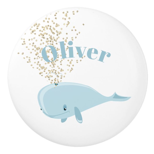 Baby Blue Whale Sparkle Nautical Personal Nursery Ceramic Knob (Front)