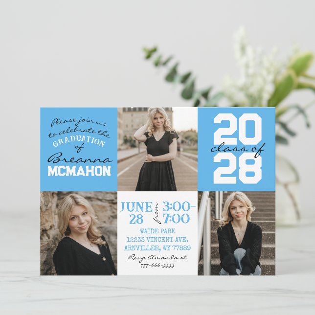 Baby Blue & White 3 Photo Graduation Invitation (Creator Uploaded)