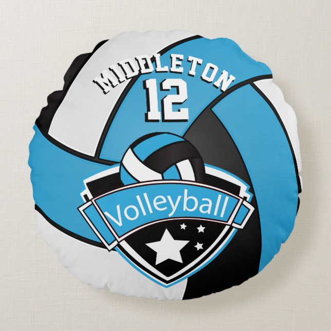 Baby Blue, White & Black Personalise Volleyball Round Cushion (Front)