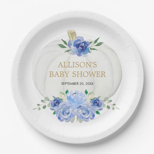 Baby blue white floral greenery white pumpkins paper plate (Front)