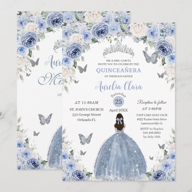 Baby Blue White Floral Princess Quinceañera XV 16 Invitation (Front/Back)