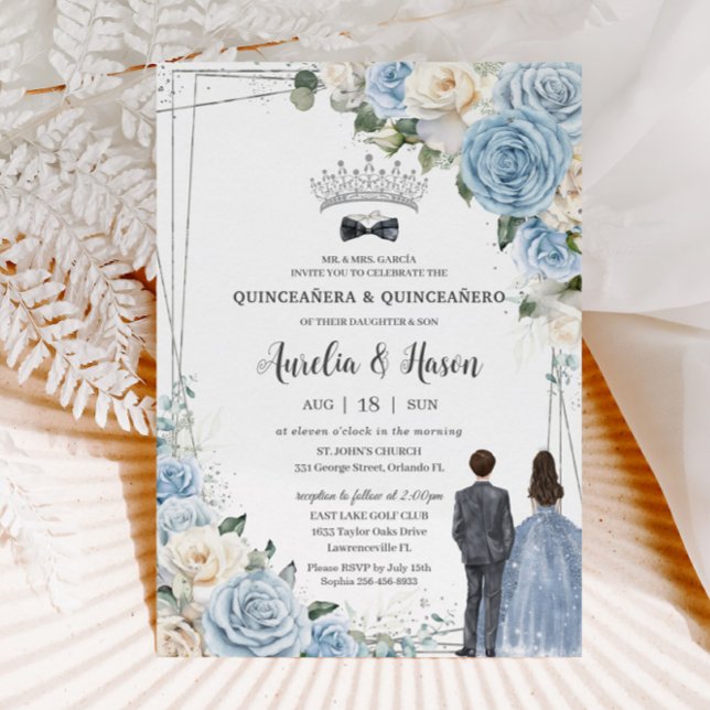Baby Blue White Floral Twins Boy Girl Quinceañera Invitation (baby blue white floral roses silver quinceanero quinceanera twins boy girl invitation cards download)