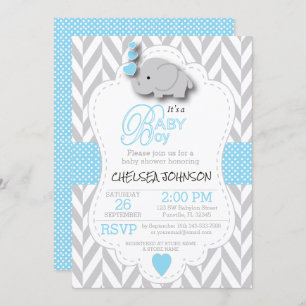 Baby Blue, White Grey Elephant 🐘 Baby Shower Invitation