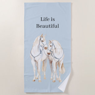 Baby Blue White Horses Beach Towel
