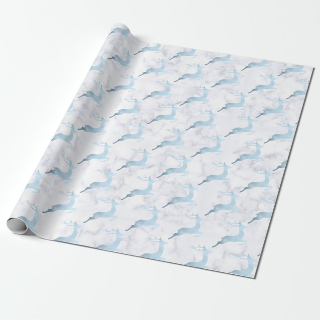 Baby blue white marble Christmas reindeer pattern Wrapping Paper (Unrolled)