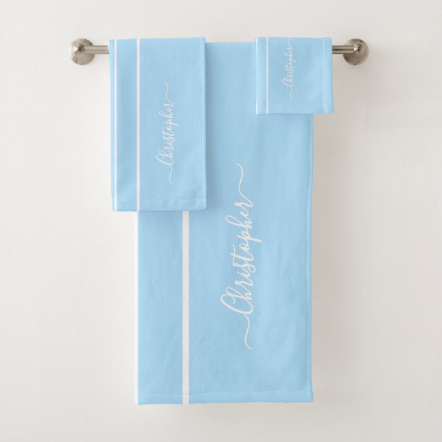Baby Blue White Racing Stripes Monogram Boys Kids Bath Towel Set (Insitu)