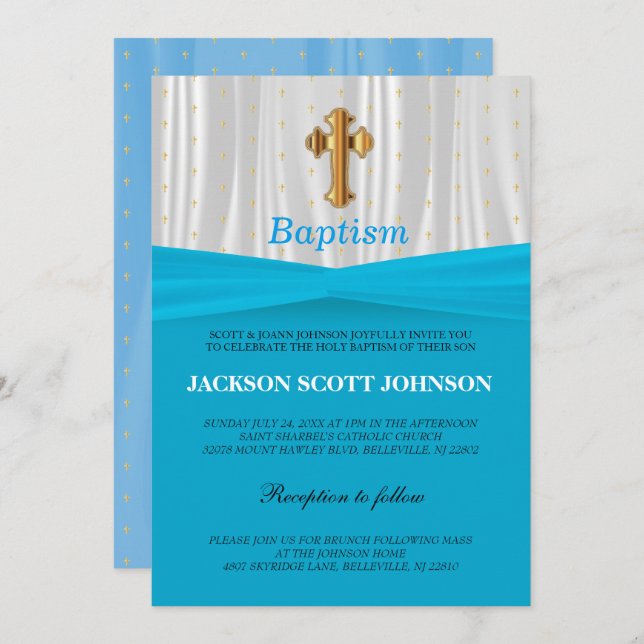 Baby Blue & White Satin Baptism / Christening Invitation (Front/Back)